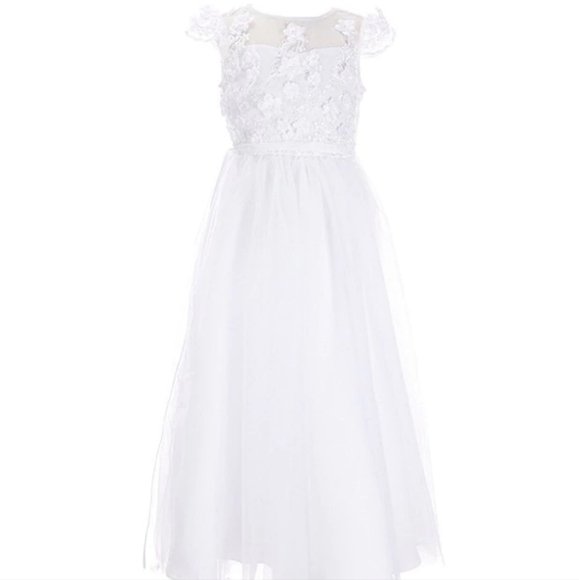 Chantilly Place Big Girls Cap Sleeve 3D Embroidery Mesh Long Communion Dress - Picture 1 of 7